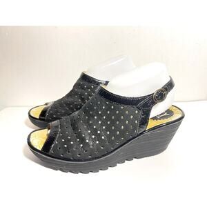 Fly London EUC Black Leather Yile Perforated Platform Wedge Sandal 8-8.5 US 39